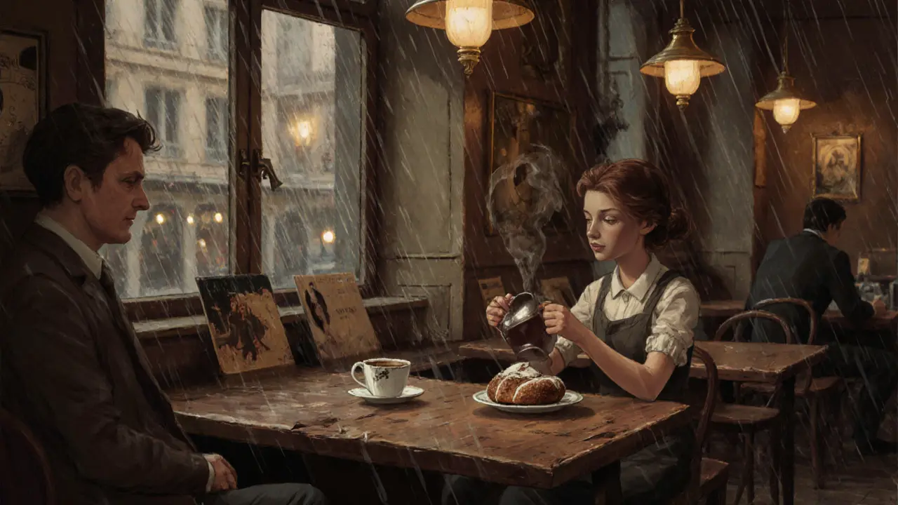 A cozy 24-hour café at 3 a.m. with hot chocolate and pain au chocolat, soft lamplight reflecting on worn wood and rain-streaked windows.