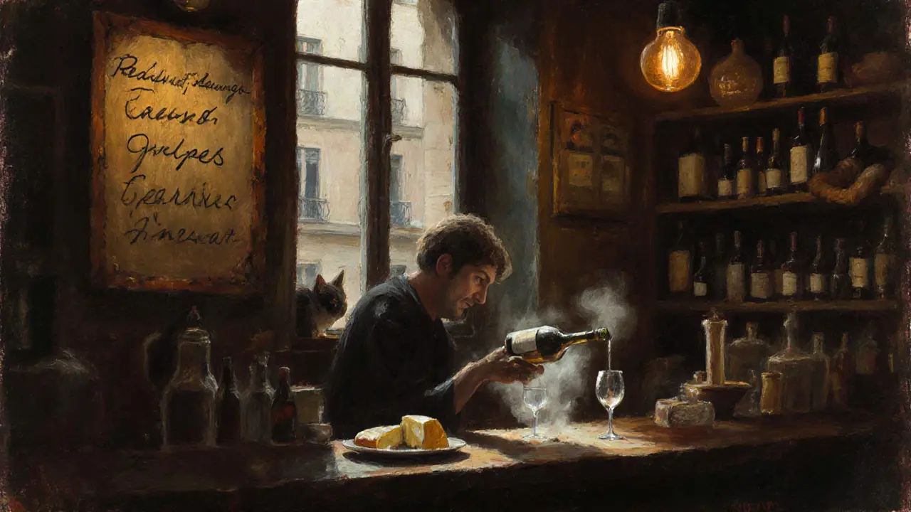 A cozy wine bar in Paris with a local pouring natural wine, warm lamplight and dusty bottles.