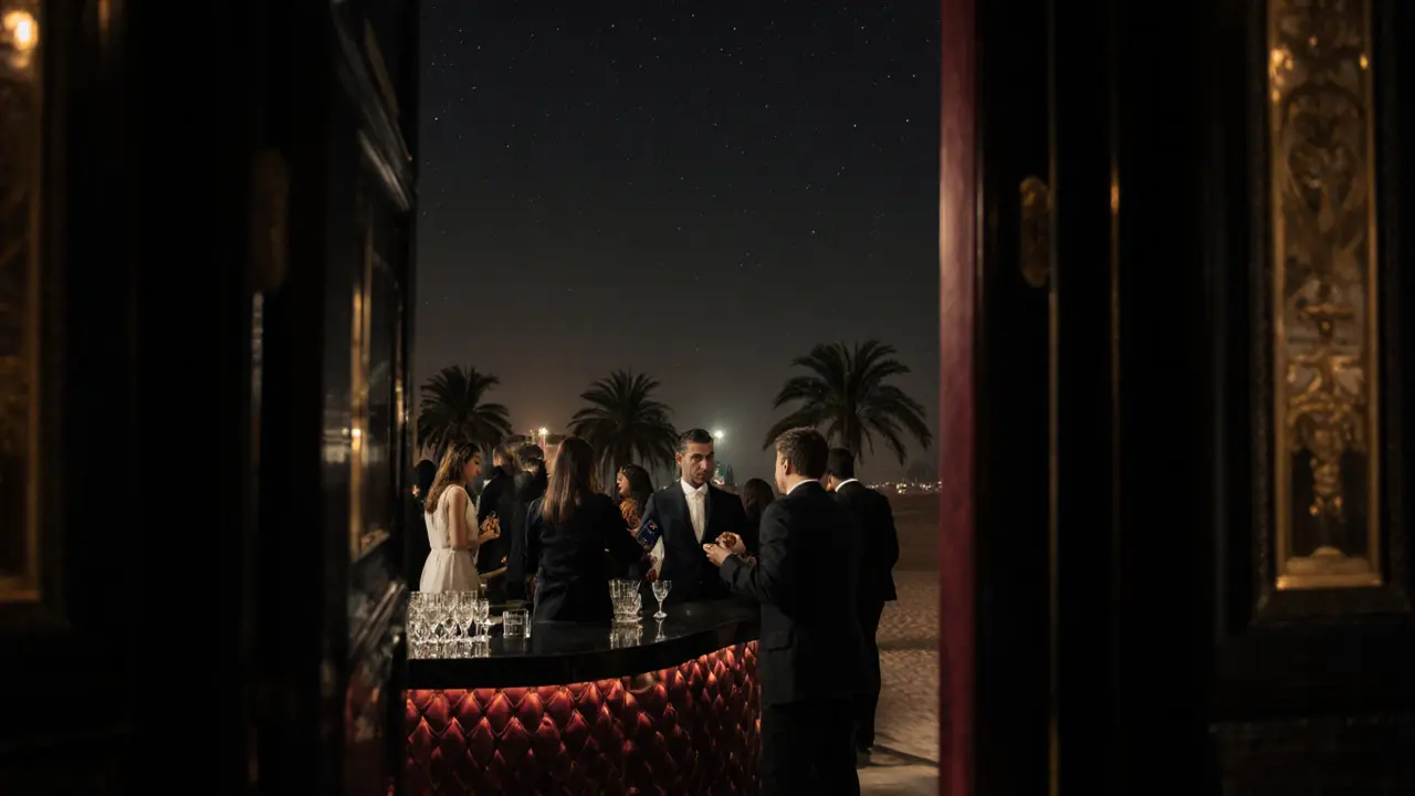 A discreet members-only club entrance at night, with a concierge speaking to a man holding a passport.