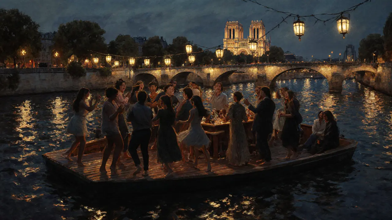 A floating bar on the Seine at night, people dancing barefoot as city lights reflect on the water.