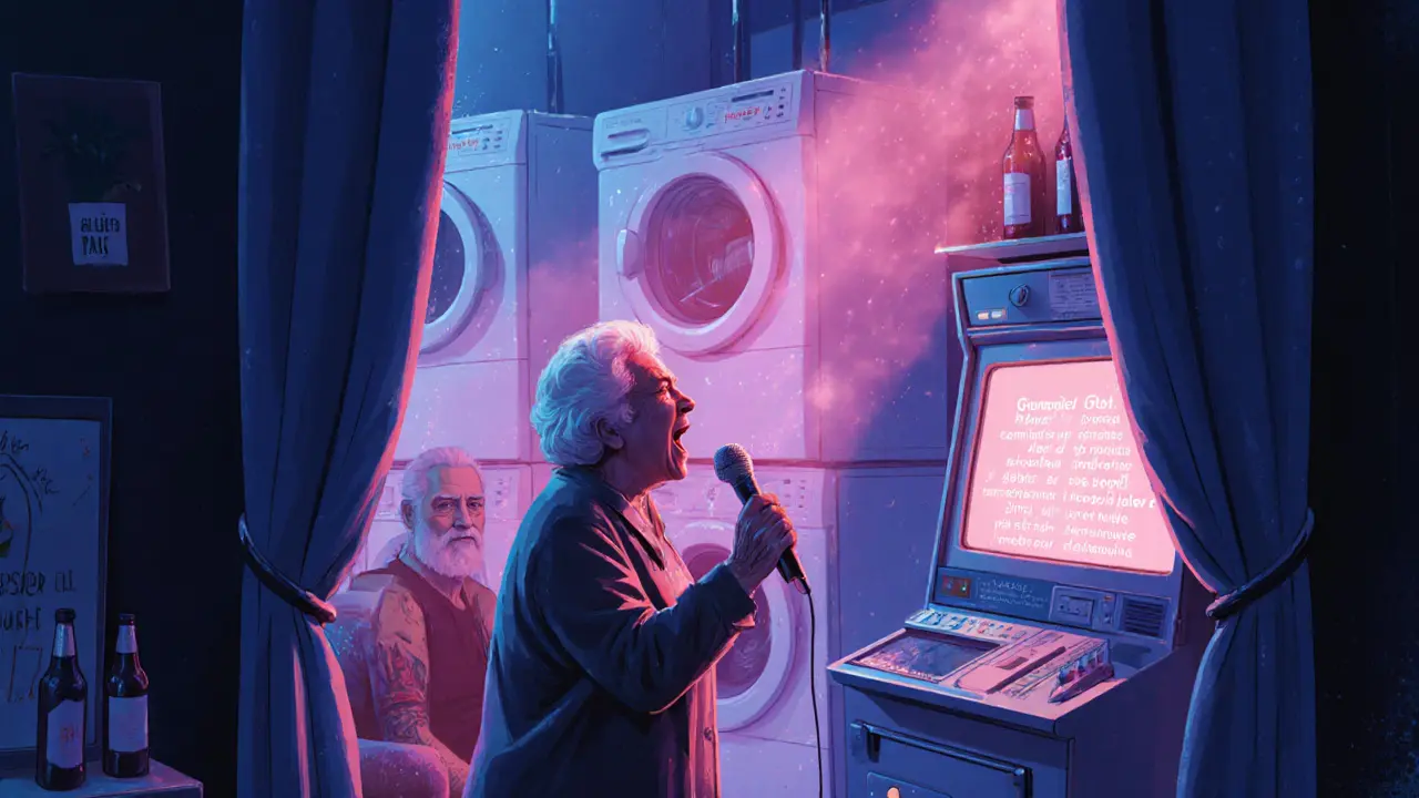 A hidden karaoke room in a laundry shop where an elderly woman sings French classics amid steaming washing machines.