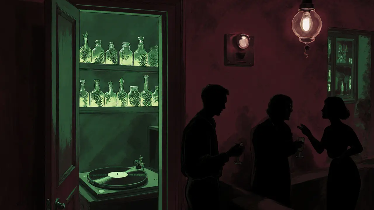 A hidden speakeasy doorway in Kadıköy revealing herbal cocktails and vinyl records in soft green and burgundy light.