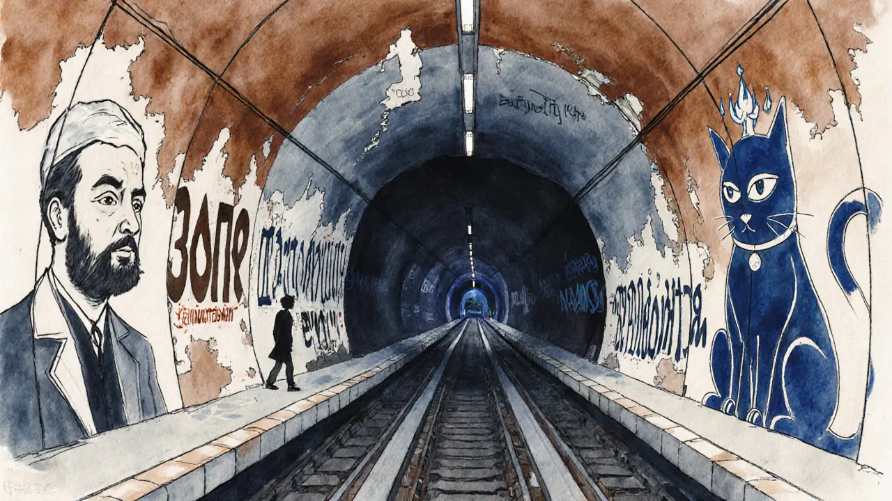 A hidden tunnel wall covered in layered street art of poets, symbols, and a crowned cat.