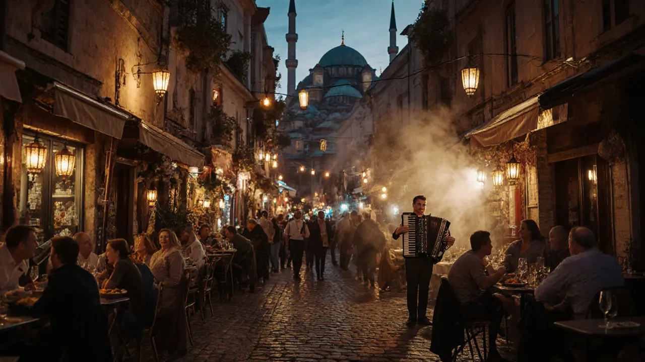 A lively street in Kadıköy with people enjoying wine and music at night under string lights.