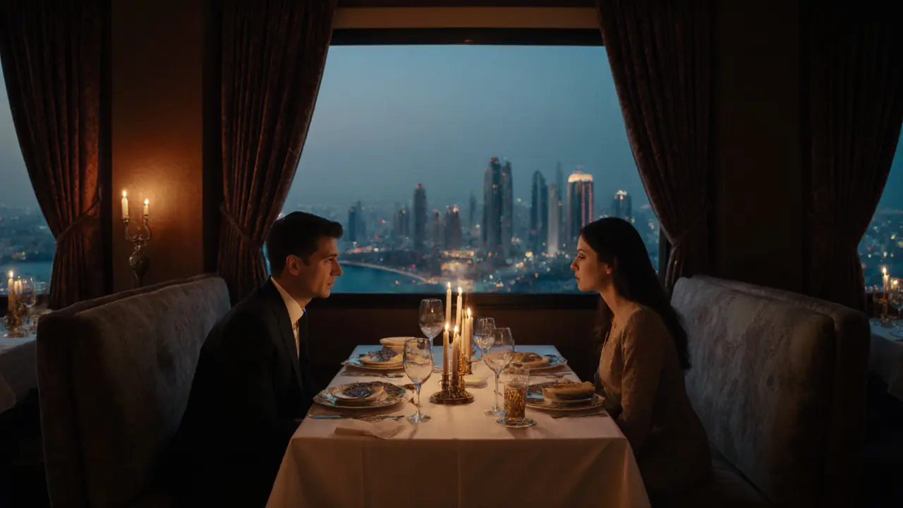 A man and woman dining privately in a high-end Dubai restaurant, elegant setting with no signs of intimacy.
