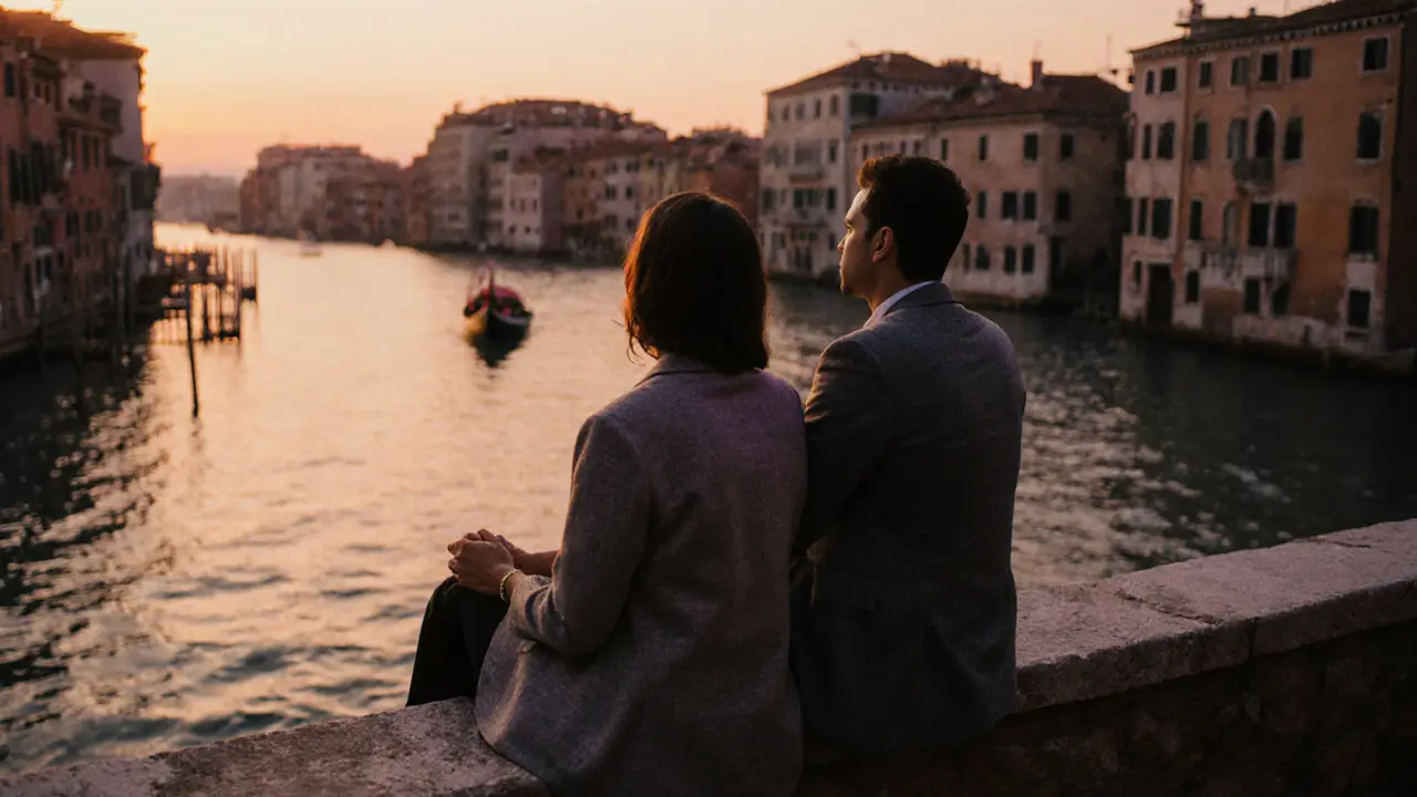 A man and woman sitting side by side on a terrace overlooking Milan's Navigli canals at sunset, sharing silent peace.