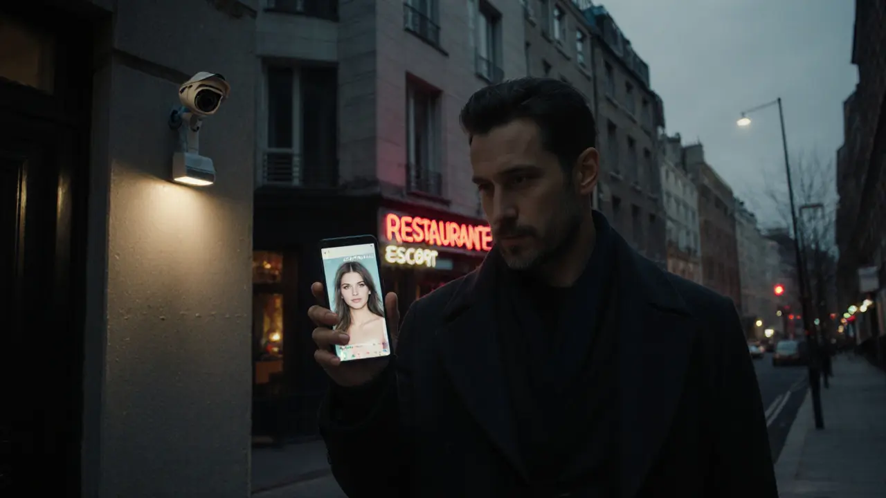 A man standing outside a London flat building, looking at a phone with a profile photo.