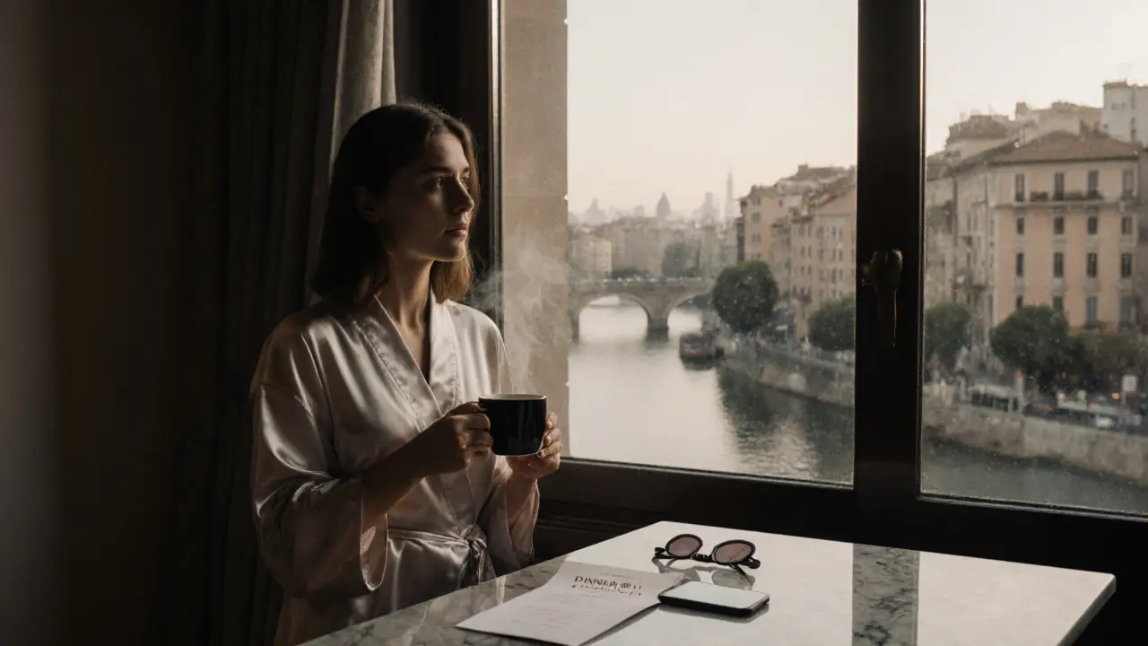 A professional companion in a penthouse morning light, espresso cup in hand, city view behind.
