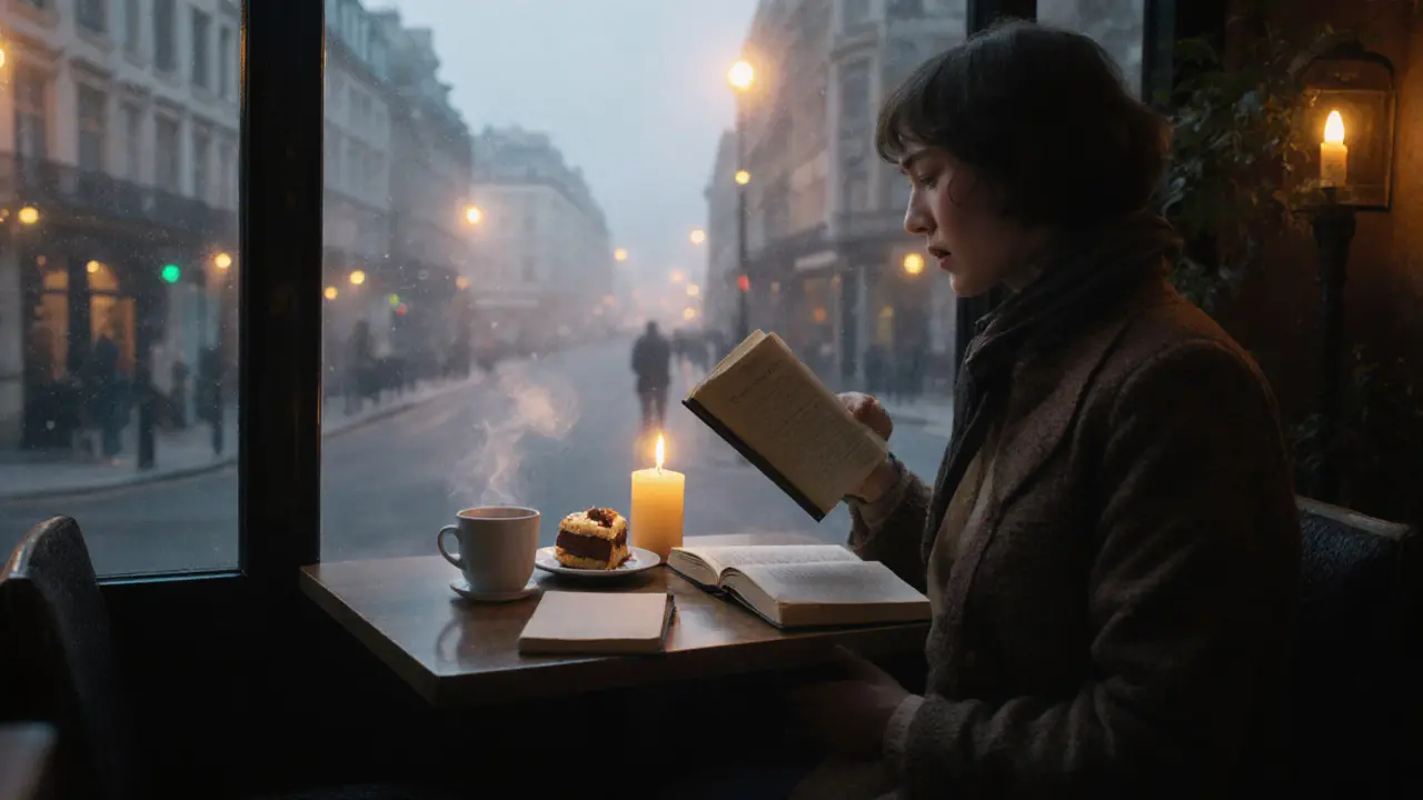A quiet 24-hour café at dawn with a solo reader and steaming coffee by candlelight.