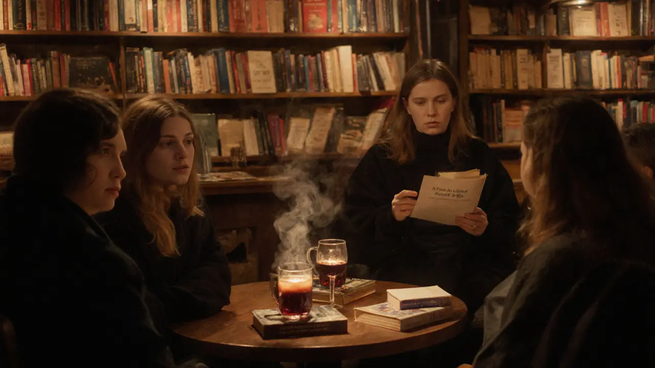 A quiet crowd listens as a woman reads aloud from a book at Page &amp; Page, with shelves of mood-organized novels in the background.