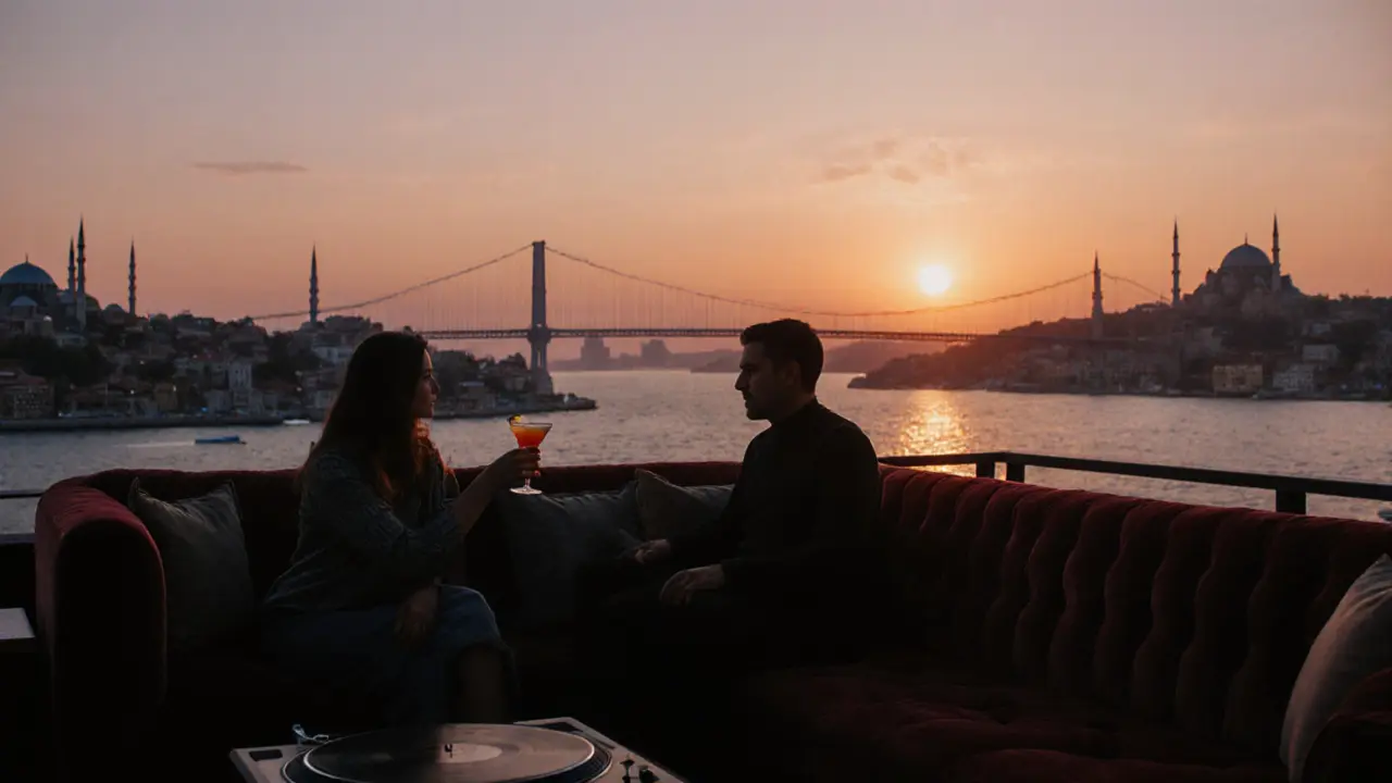 A quiet rooftop at sunset with silhouettes of Istanbul's skyline and a DJ spinning vinyl.