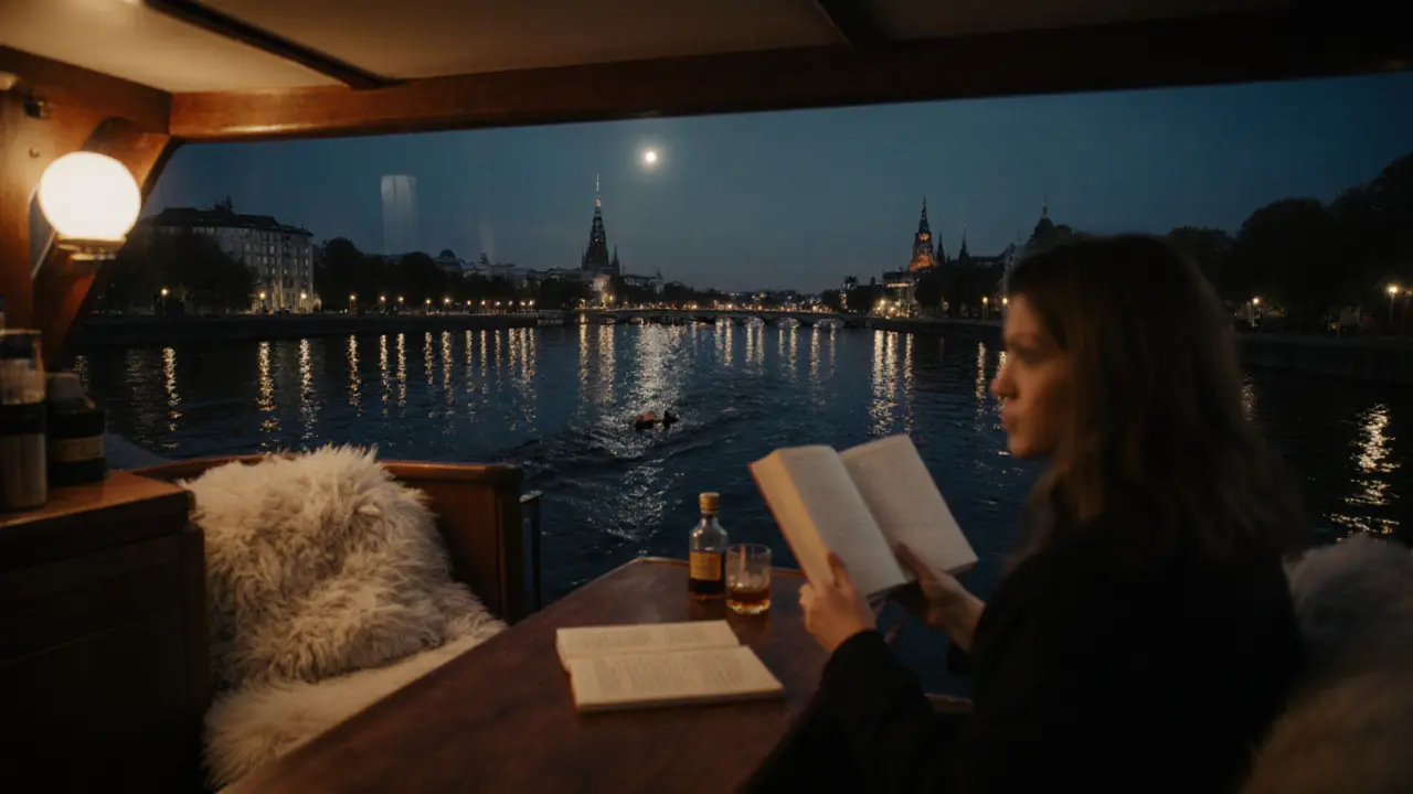 A quiet yacht drifting on the Spree River at night, with city landmarks reflected in the water and a woman reading aloud inside.