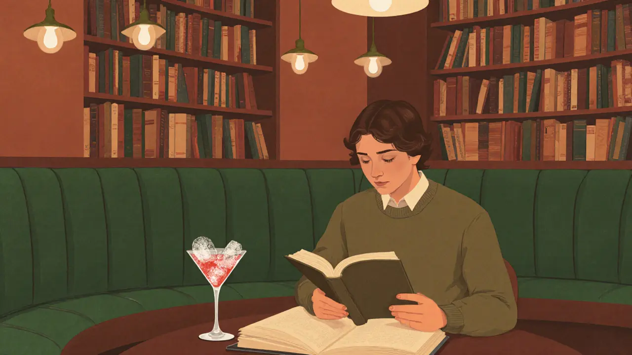 A reader immersed in a novel at Bar Luce, surrounded by literary books and soft pendant lighting.