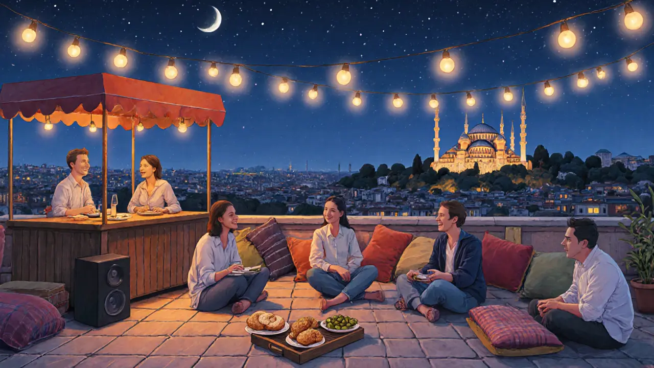 A rooftop bar in Ortaköy at night with guests sitting on cushions, sharing food and laughter under string lights.