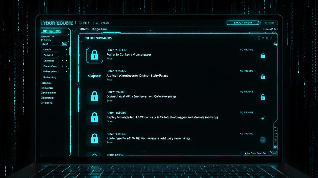 A secure digital agency portal displays anonymized companion profiles with no photos, only language and background details.