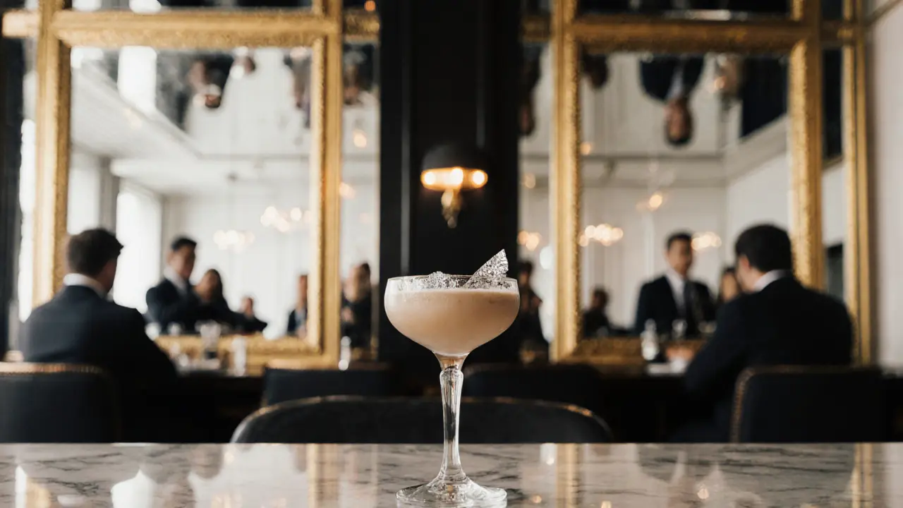 A silver-leafed 'London Fog' cocktail at The Connaught Bar, reflected in a mirrored ceiling with elegant guests.