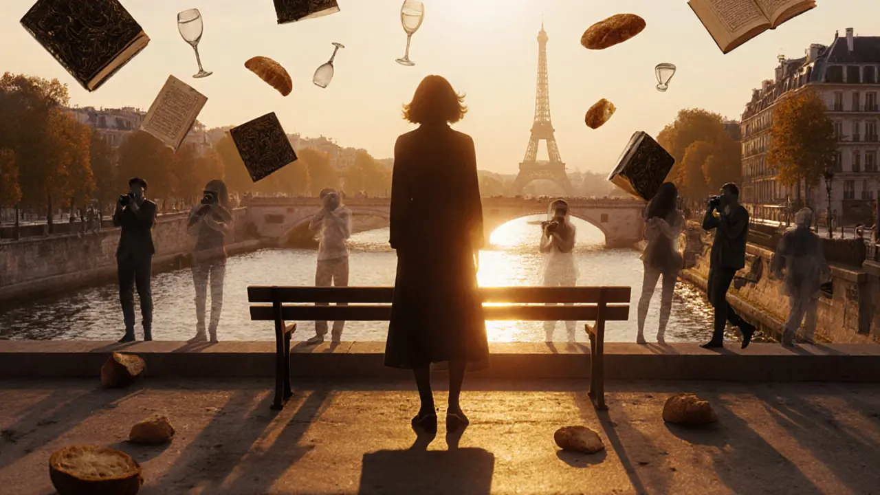 A solitary figure on a bridge at golden hour, tourists fading away as warmth and memory glow ahead.