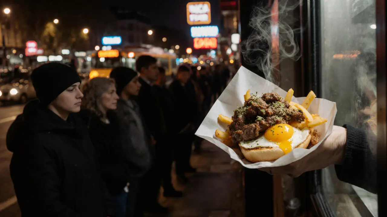 A steaming kebab panier handed out at midnight, spiced lamb and fries piled high with oozing garlic sauce under flickering neon lights.