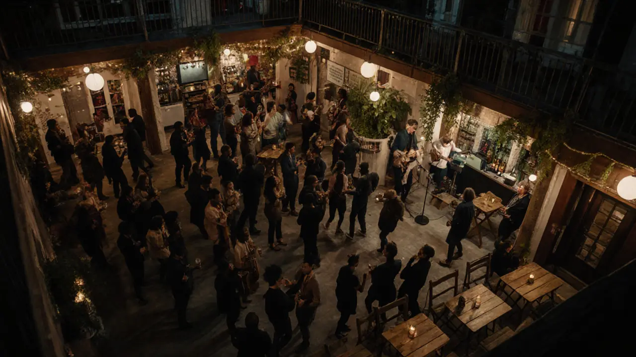 A vibrant multi-space music venue with indoor dancing and a lit backyard garden filled with people.