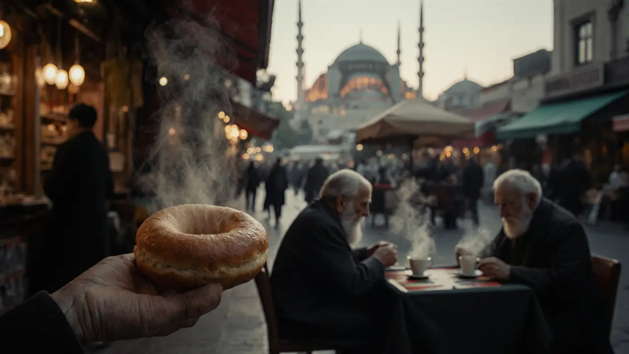 A warm simit offered at dawn beside the Grand Bazaar, with old men playing backgammon under soft morning light.