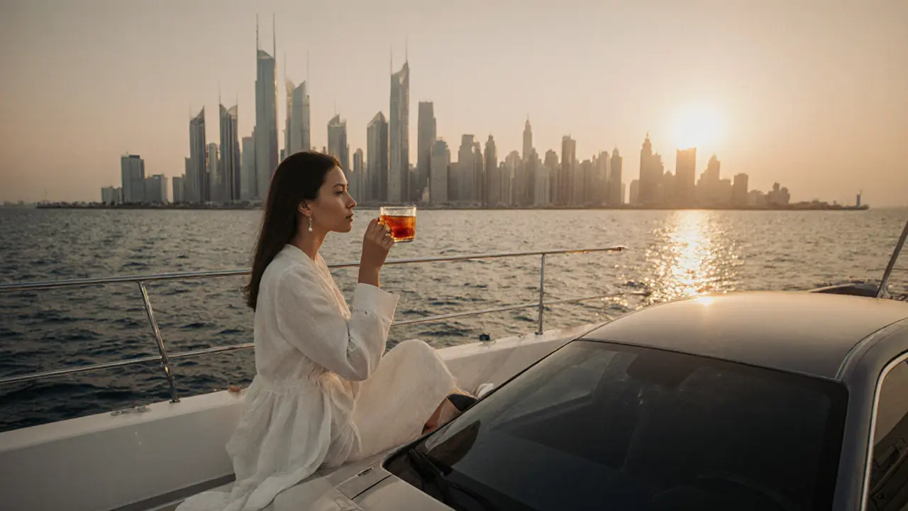A woman sits peacefully on a private yacht at dusk in Abu Dhabi, the city skyline glowing behind her in serene privacy.
