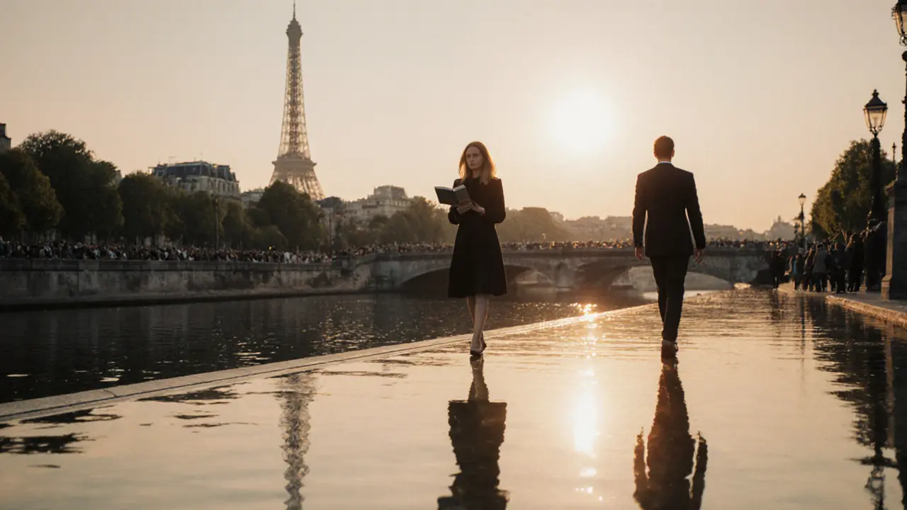 A woman walking by the Seine at twilight, Eiffel Tower glowing in distance, shadow of a man behind her, quiet companionship.