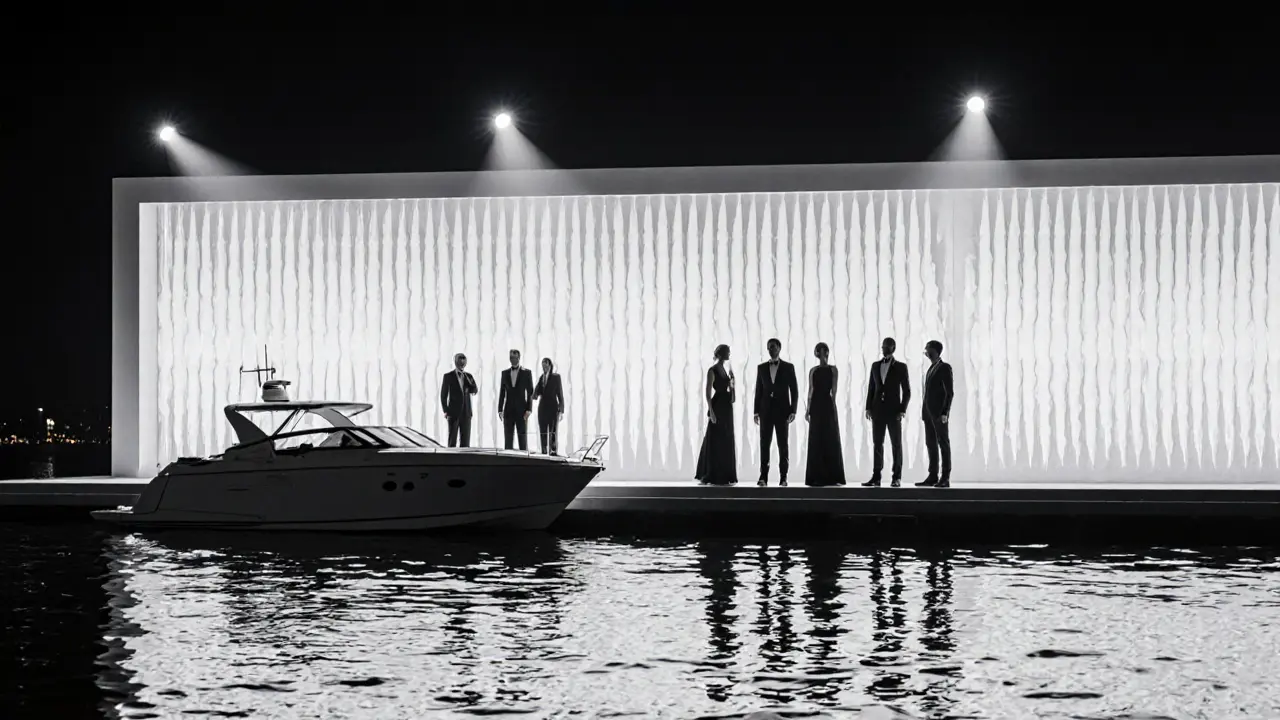 All-white private island club at night, guests in black tie frozen in silence under hypnotic techno lights.