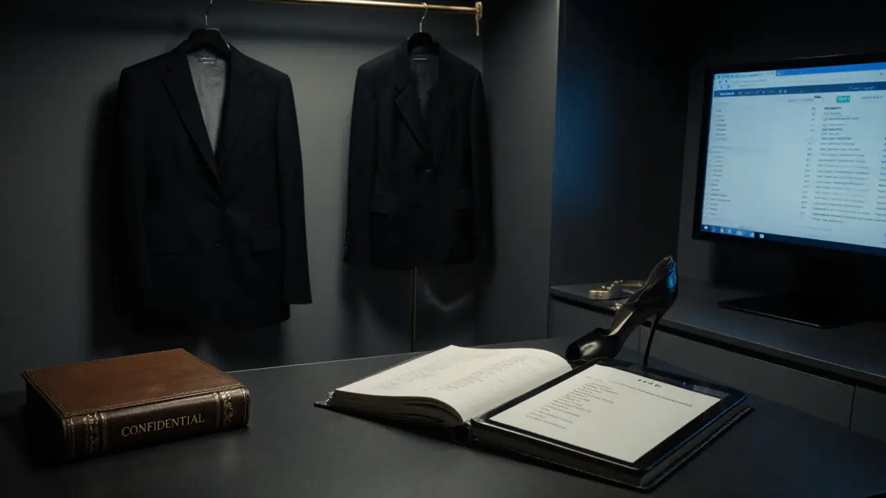 An exclusive escort agency office at night with encrypted devices and confidential documents.