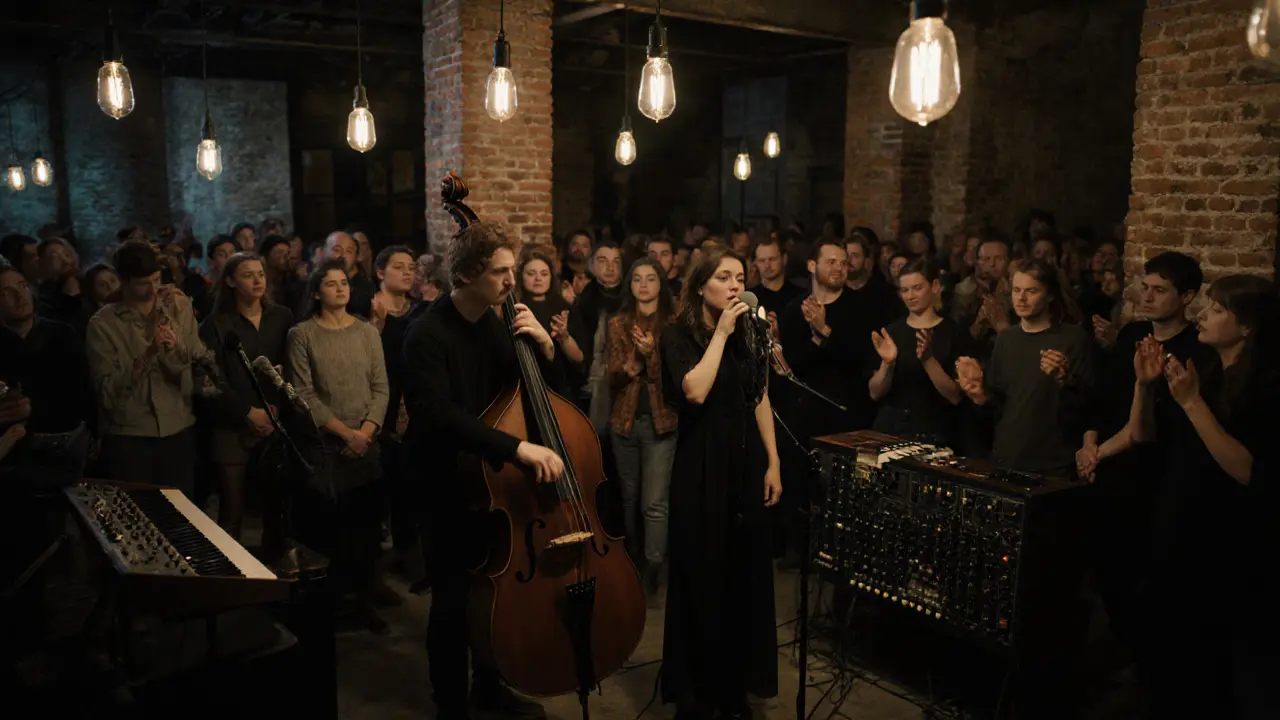 An experimental music performance with double bass, synth, and a whispering vocalist in a converted train station.