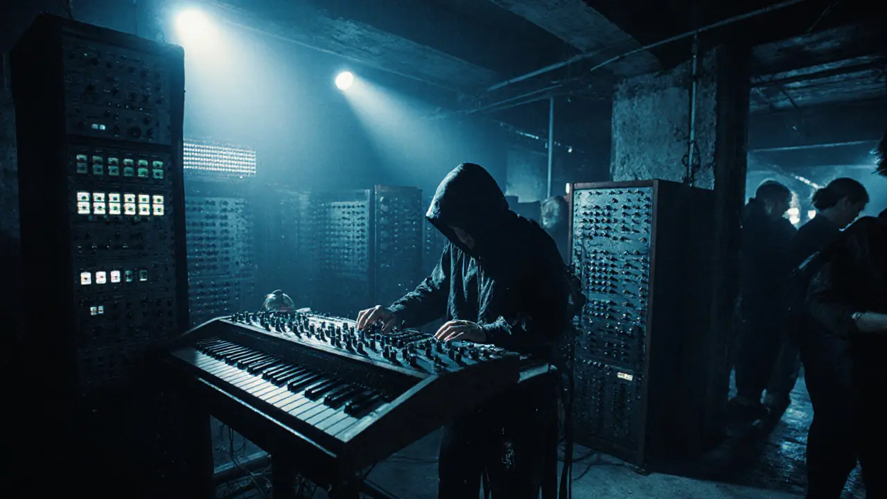 An industrial electro club with concrete floors, analog synths, and silent attendees in cool blue light.