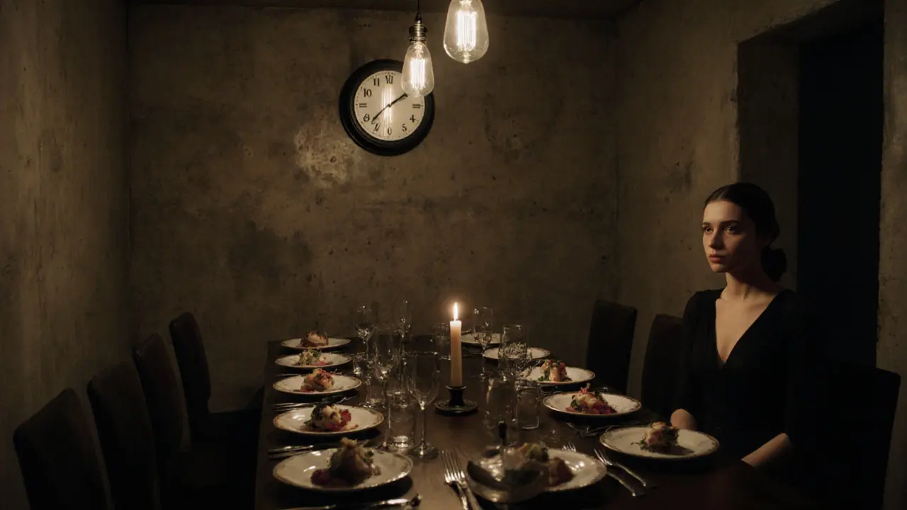 An intimate dinner in a historic safehouse with candlelight, concrete walls, and a ticking wall clock.