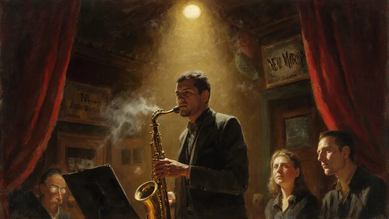 An intimate jazz club with a saxophonist in spotlight, audience in silent awe under red velvet curtains.