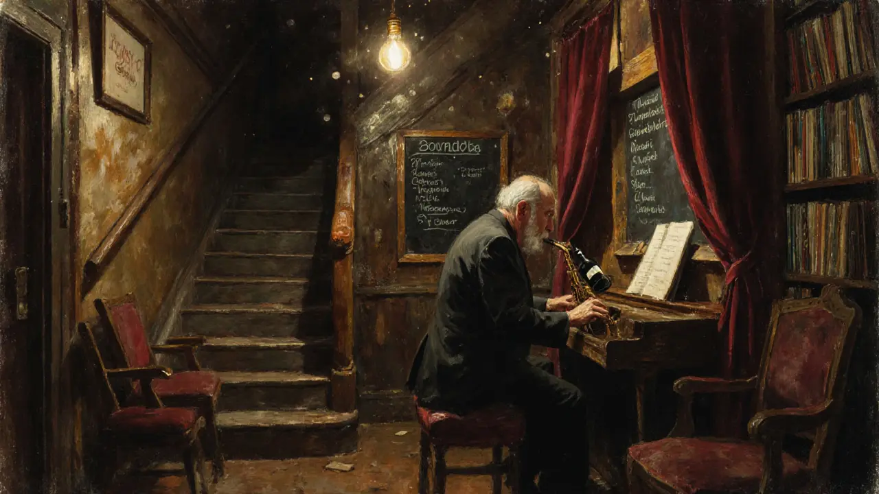 An underground jazz cellar beneath a bookstore with vinyl walls, warm lighting, and a pianist playing softly.