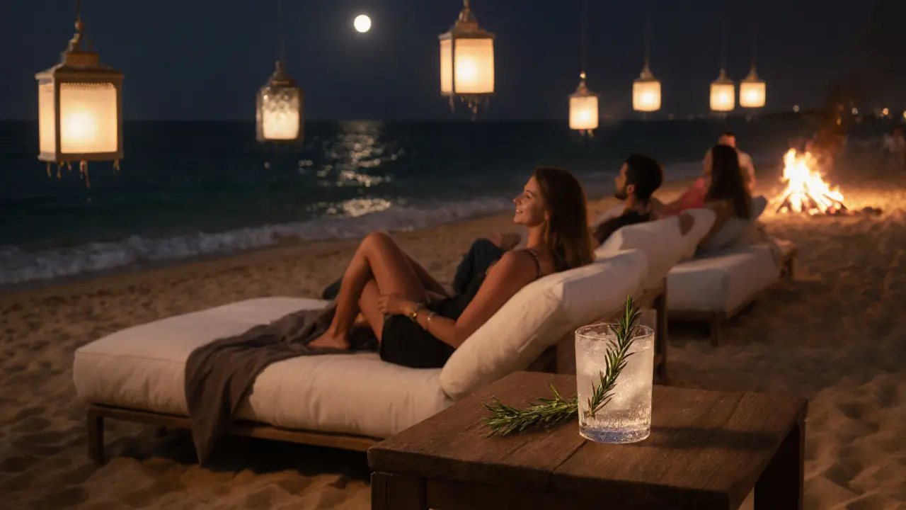 Beachside lounge at night with lanterns, ocean waves, and guests relaxing on white loungers.