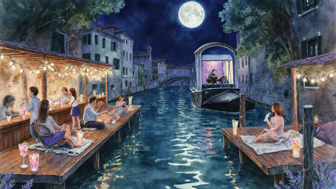 Canal-side bars in Navigli with people relaxing on blankets under fairy lights.