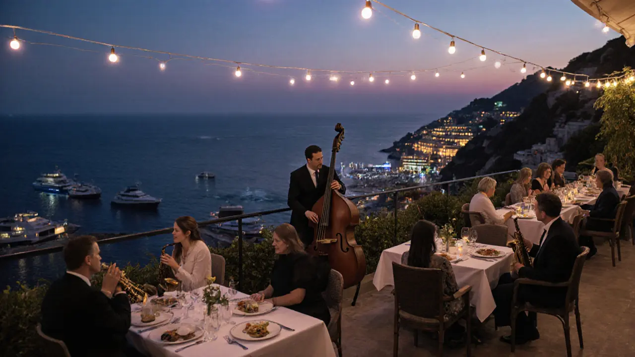 Cliffside venue at dusk with live jazz, guests dining as harbor lights twinkle below, calm ocean breeze.