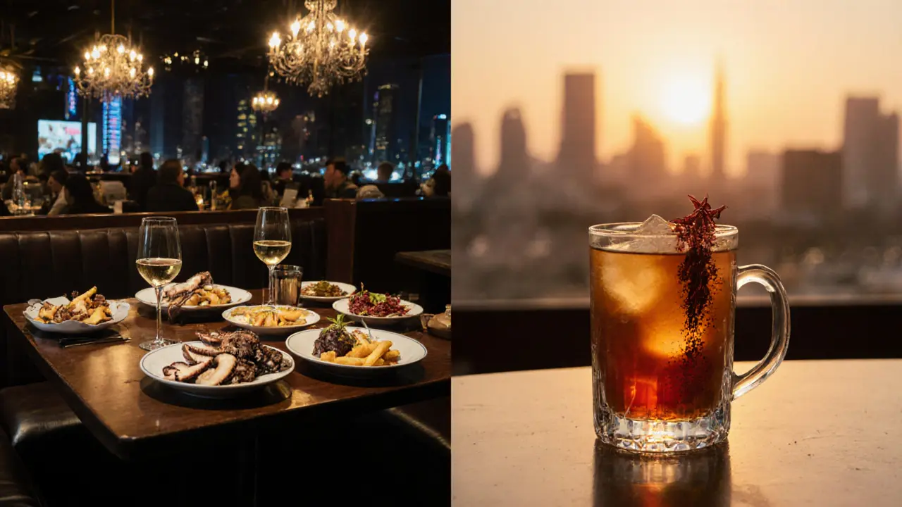 Contrasting Dubai happy hour scenes: upscale meal at DIFC and spiced tea cocktail in Al Satwa.