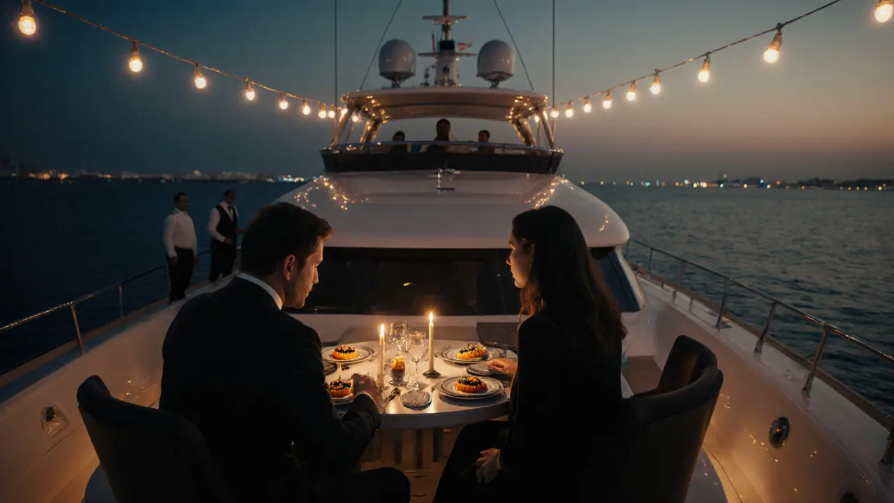 Couple dining on a private yacht at dusk with fine cuisine, sea and lights creating a secretive ambiance.