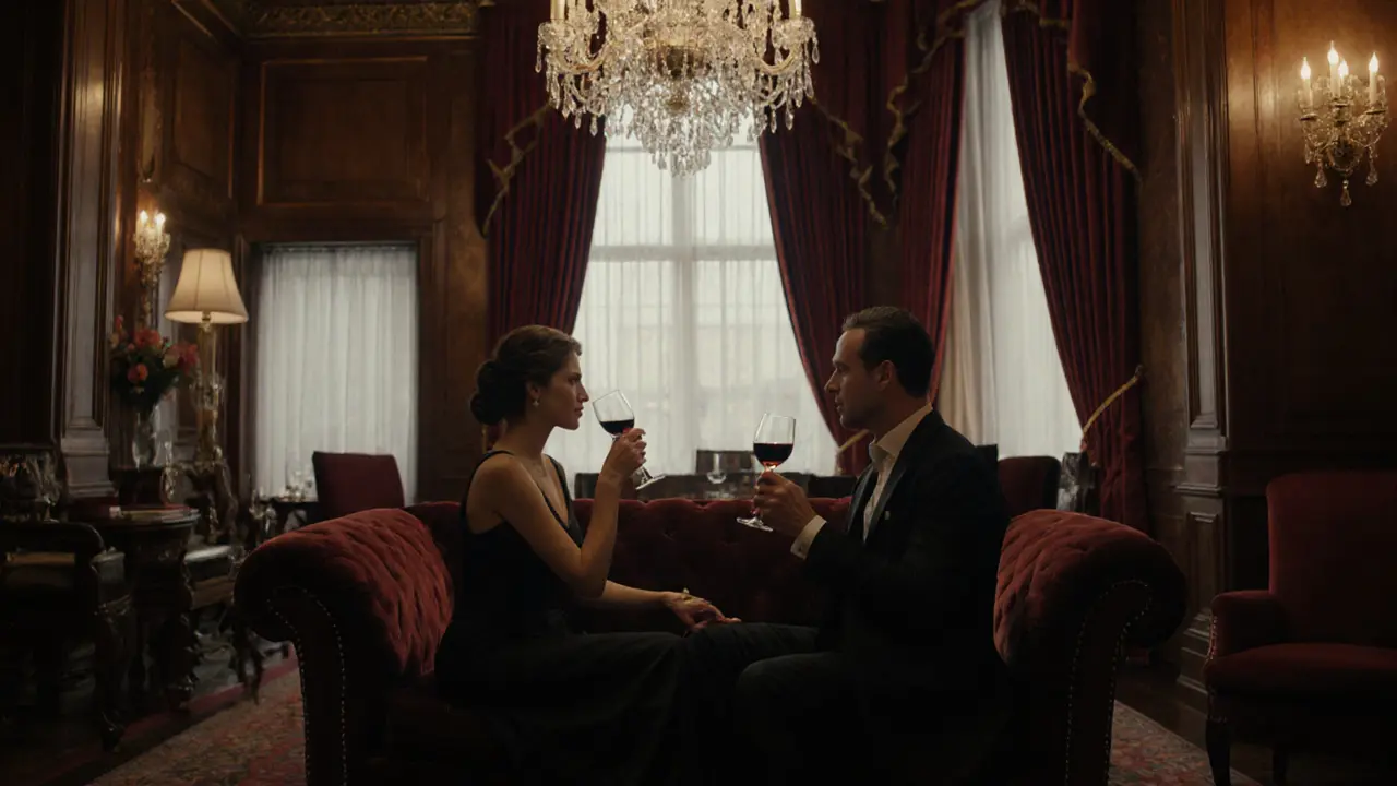 Couple sitting calmly in a luxurious hotel lounge, sharing wine and quiet connection.