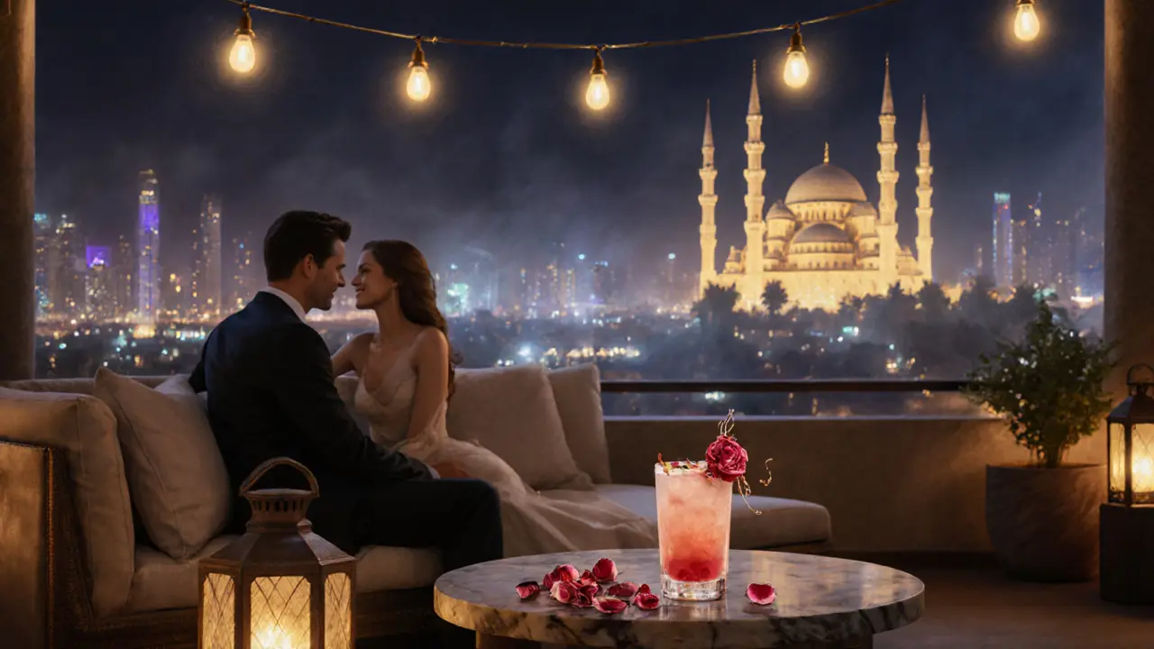 Couples enjoying cocktails on a rooftop bar with the glowing Sheikh Zayed Grand Mosque in the background.