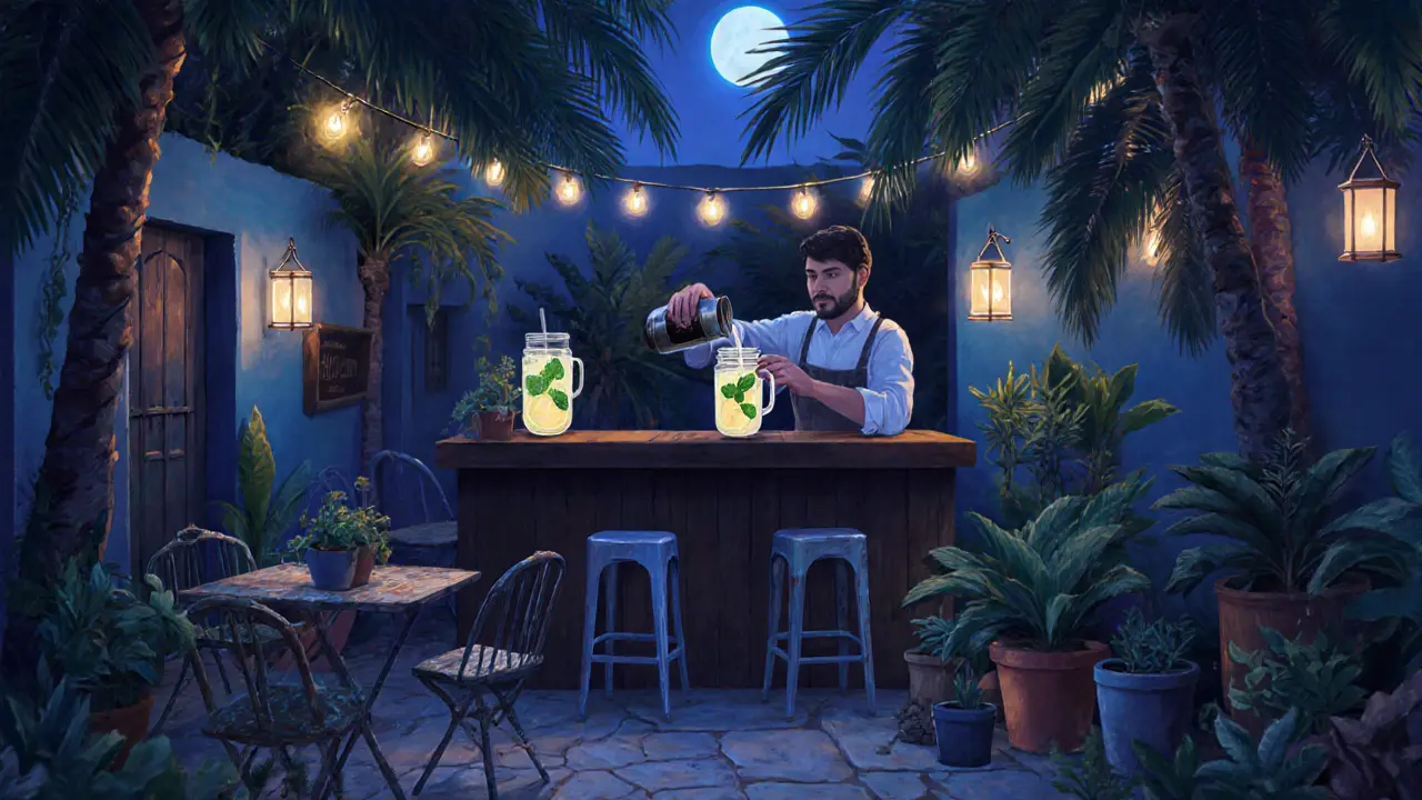 Cozy hidden backyard lounge with lanterns and a bartender pouring mint-vodka lemonade in Al Quoz.