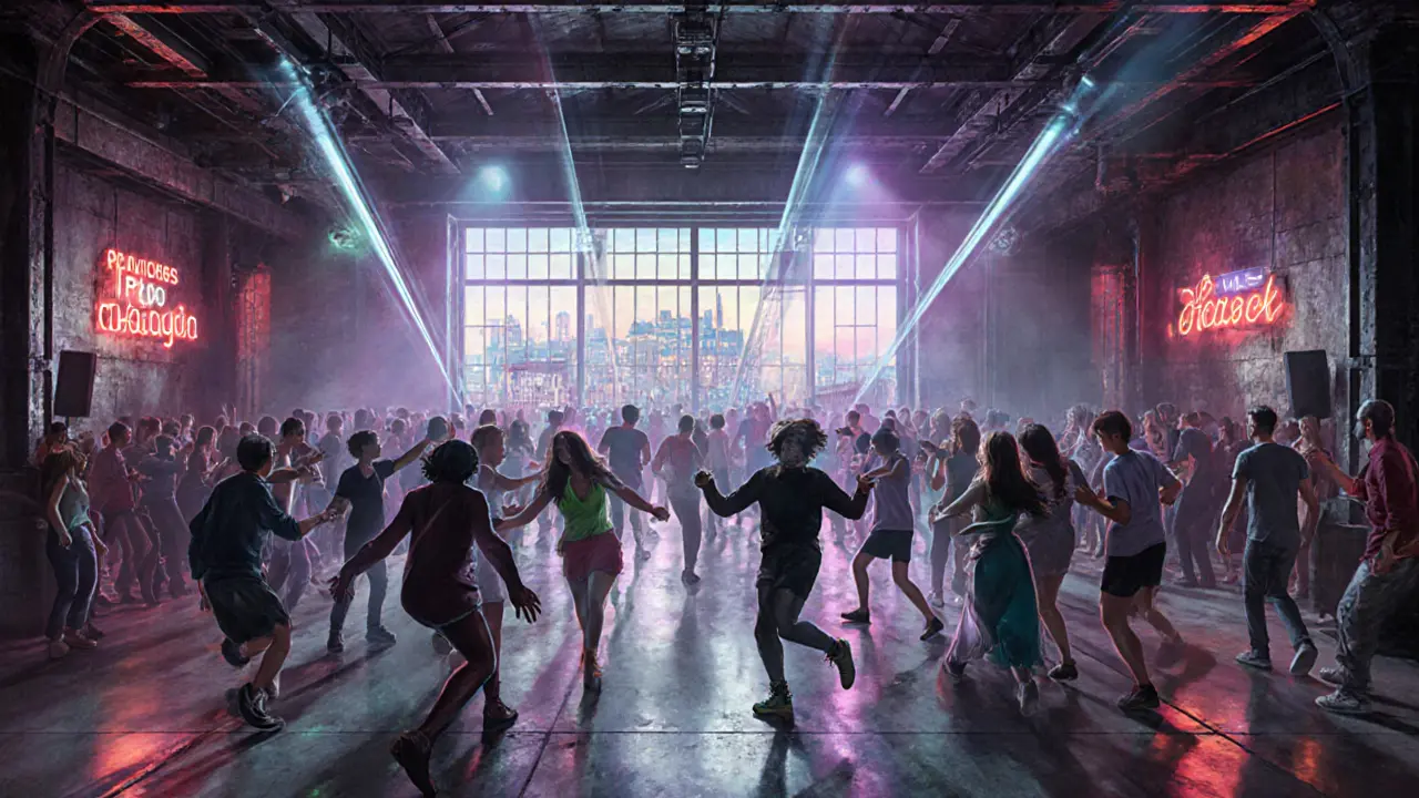 Dancers in an industrial warehouse club under neon lights and strobes.