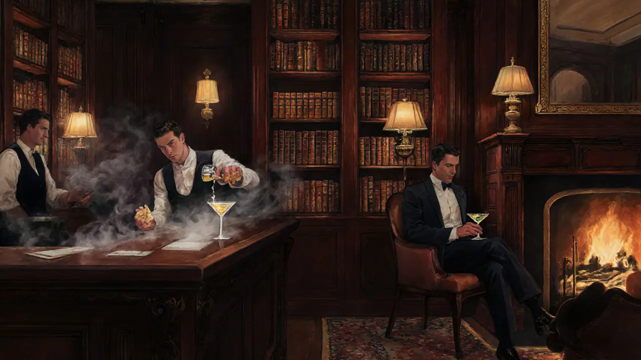 Elegant library lounge with a bartender pouring a martini in dim, vintage lighting.