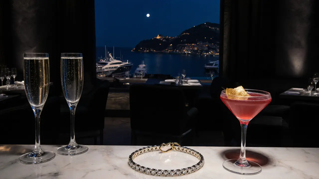 Elegant nightclub interior at Opal with champagne glasses and moonlit harbor view, minimalist design and subtle luxury.