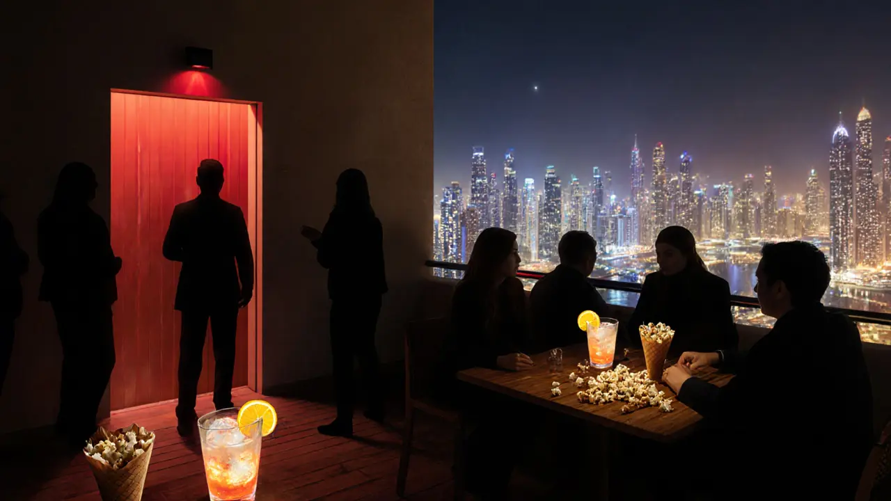Hidden rooftop bar with red light entrance overlooking Yas Marina’s nighttime skyline.