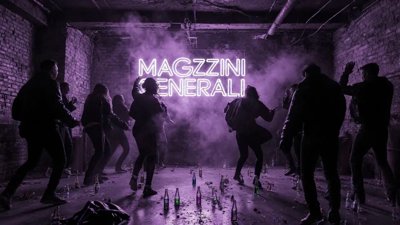 Industrial underground club in Porta Ticinese with dancers and neon lighting.