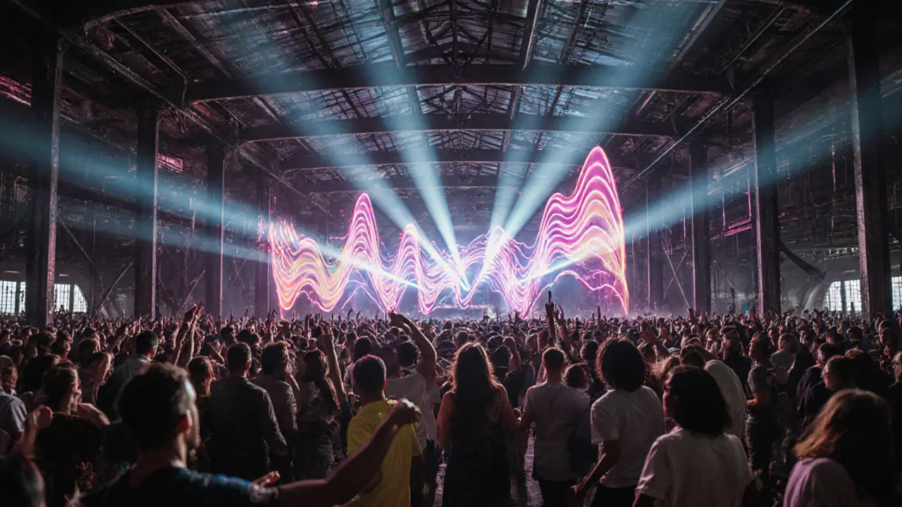 Industrial warehouse club OGR at dawn, crowd dancing under neon lights in a vast, atmospheric space.