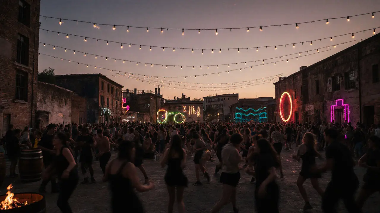 Industrial warehouse rave at dawn with dancers under neon lights and fire pits.