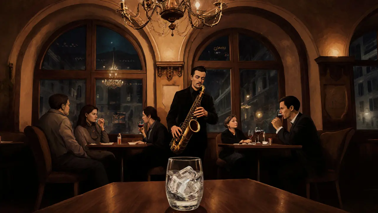 Intimate jazz bar in Brera with saxophonist playing under soft lighting, patrons sipping wine in quiet delight.