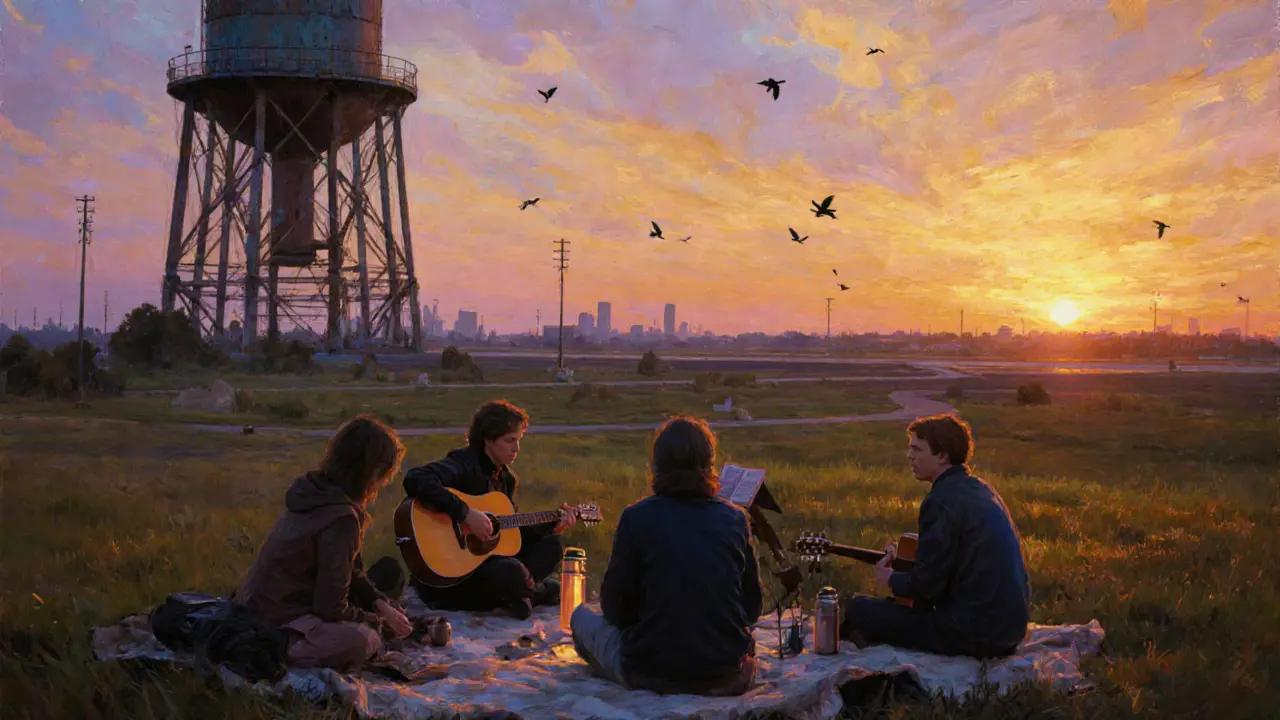 Locals gathered at sunset on a rooftop near Tempelhof, listening to quiet guitar music.
